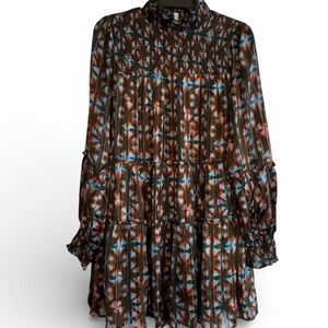 Elan Smocked Tier Mini Dress Women Med Abstract Brown Blue Lined Shear Sleeve